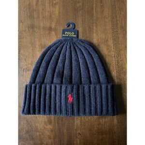 Polo Ralph Lauren Beanie Mens Navy Red Pony Wool Blend Rib Knit Cuffed NEW